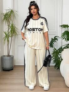 SHEIN EZwear 杏色休閒女款大尺碼字母條紋短袖T恤與長褲套裝 - 杏色 - 查看 5