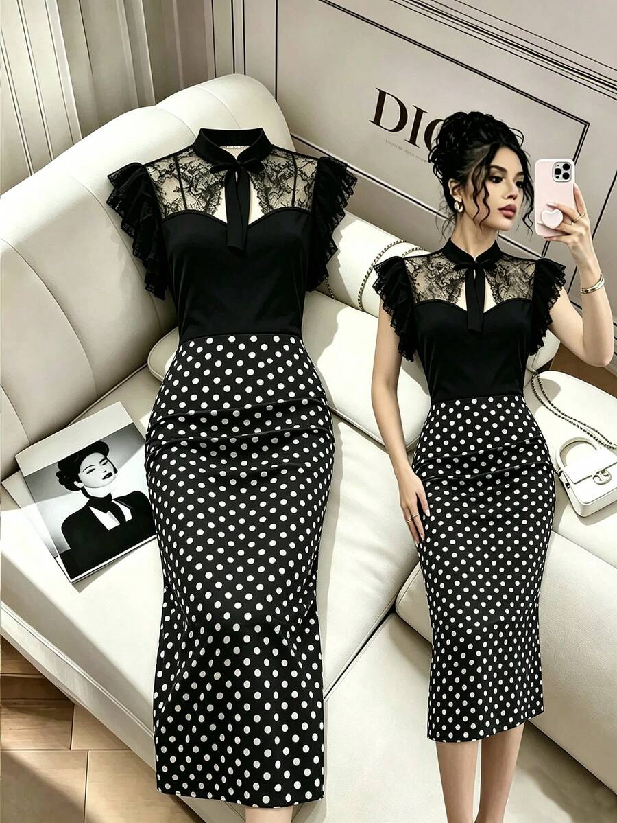 SHEIN Raffinéa 女款拼接蕾絲荷葉袖圓點印花修身優雅洋裝 - 黑色 - 查看 1