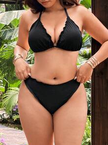 Swim Mod Women's Black Scalloped Edge Halter Triangle Bikini Set Back Tie + Side Tie Two-Piece Swimsuit Removable Padding Butt-Flattering Beach Summer - Black - View 8