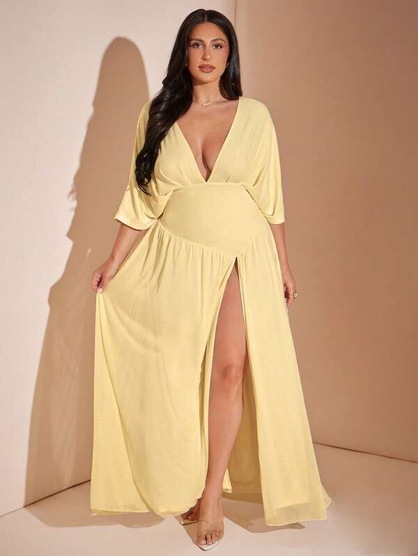 SHEIN BAE CURVE Đầm nữ size lớn màu vàng cổ chữ V sâu, tay lỡ 3/4, gợi cảm, xẻ tà gấu