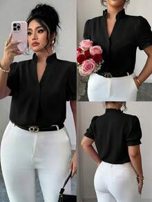 Elenzga Plus Size Elegant Solid Color Collared Blouse For Commuting - Black - View 1