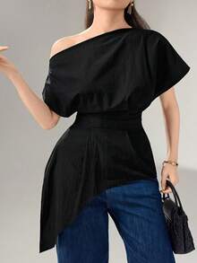 Modelyn Plus Size Solid Color Asymmetrical Hem Asymmetric Neck Waist-Cinching Blouse Wedding Guest Black Summer Elegant - Black - View 6