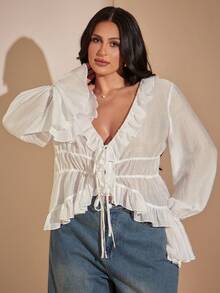 SHEIN BAE 大尺碼女款半透蕾絲荷葉邊綁帶前襟襯衫 - 白色 - 查看 6