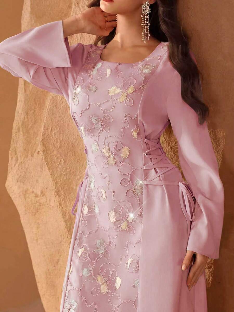 Al Najma 優雅圓領亮片刺繡女款阿拉伯風洋裝,適合外出穿著 - 粉色 - 查看 1