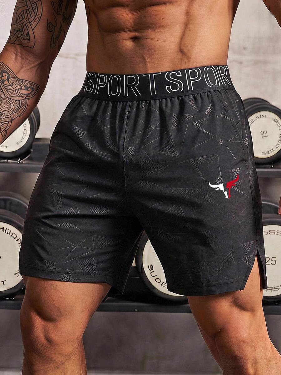 GymBeat Men's Geometric Print Sports Shorts - Black - View 1