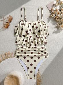 Elavelle Retro Polka Dot Ruffle One-Piece Swimsuit, Cream & Coffee Color, Tummy Control, Conservative Bathing - Multicolor - View 3