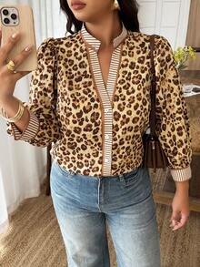 Weeklong Plus Size Women's All-Season Leopard Print Patchwork Striped Casual Elegant Commuter Office Formal Shirt Autumn Tan - Multicolor - View 5