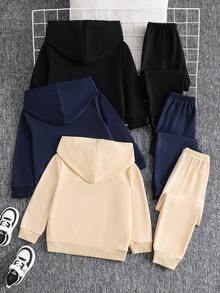 SHEIN 3 Sets/6 Pieces New Autumn/Winter Casual Slogan Print Hooded Long Sleeve Sweatshirt And Sweatpants Set For Boys, Comfortable Fabric, Fashionable Fit, Suitable For Multiple Seasons And Occasions - Multicolor - View 2