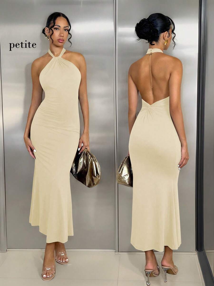 SHEIN PETITE 女款優雅極簡純色掛脖露背扭結修身洋裝,適合日常穿著 - 淡黃色 - 查看 1