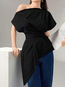 Modelyn Plus Size Solid Color Asymmetrical Hem Asymmetric Neck Waist-Cinching Blouse Wedding Guest Black Summer Elegant - Black - View 3