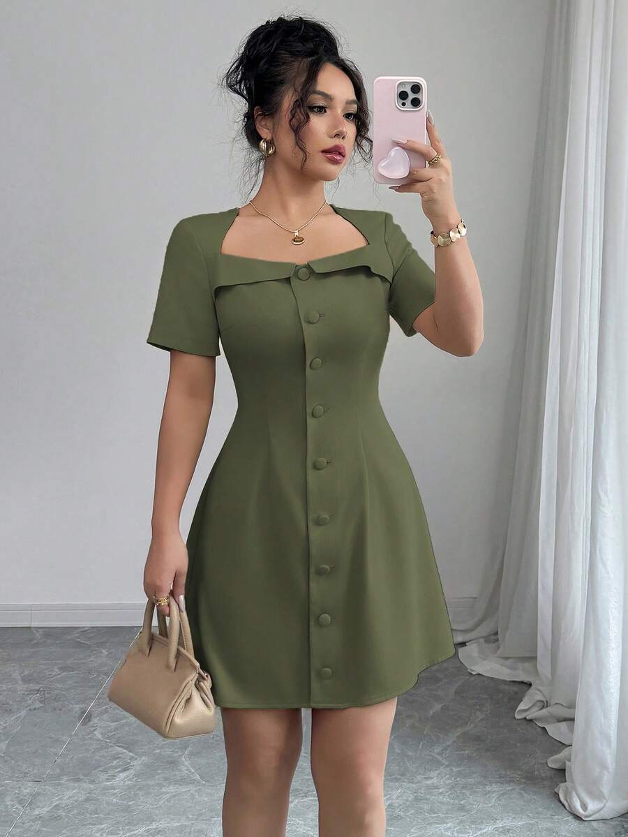 Elenzga Vestido mini de línea A con cuello trapezoidal, volantes, botones delanteros y cintura para uso diario, elegante, para primavera/verano - Verde militar - Ver 1
