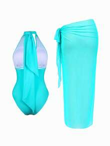 Swim Oasis Women's Oasis One-Piece Turquoise Blue Swimsuit Set, Elegant Breezy Sexy High-End Vacation Evening Style, Multi-Ruffle Halter Neck Strap Beach Summer - Mint Blue - View 2