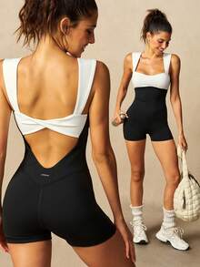 VARSIVA Colorblock Patchwork Backless Sleeveless Fitted Athletic Modest Athleisure Romper Gym Workout Black And White Summer - Black and White - View 2