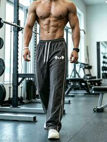 Sport MetroGents 男士深灰色寬腿運動長褲，抽繩腰頭，啞鈴印花側條紋，健身街頭休閒褲 - 深灰色 - 查看 6
