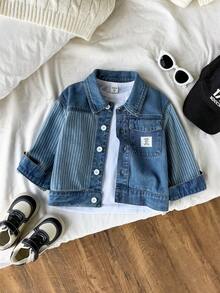 SHEIN 小男孩牛仔夾克，柔軟水洗淺藍條紋街頭時尚上衣外套，適合街拍、開學季、派對 - 藍色 - 查看 4