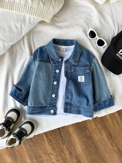 Boys' Denim Jacket, Soft Washed Blue Denim Jacket, Spring/Autumn New Boys' Striped Denim Jacket Street Fashion Top Outerwear, Suitable For Street Photography, Travel, Party Outfits
