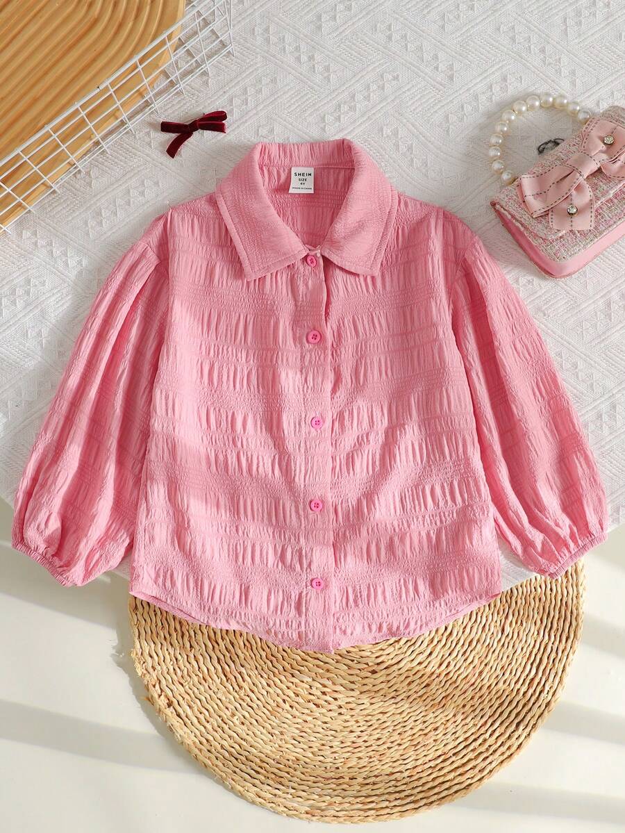 SHEIN 少女寬鬆條紋翻領休閒襯衫 - 粉色 - 查看 1