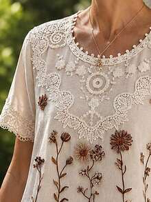 Elouméa Women's Spring/Summer Casual Faux Embroidery Print Contrast Lace Sleeveless Loose Fit Shirt, Suitable For Daily Wear And Home Lounging - Apricot - View 4