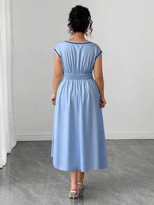 SHEIN Clasi Women's Plus Size Light Blue 3D Floral Pearl Print Woven Fabric Cross V-Neck Short Sleeve Cinched Waist A-Line Midi Dress, Elegant Casual Summer - Multicolor - View 2