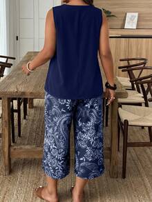Weeklong Plus Size Women's V-Neck Irregular Hem Sleeveless Blouse And Solid Color Capri Pants 2-Piece Set, Spring/Summer - Navy Blue - View 2