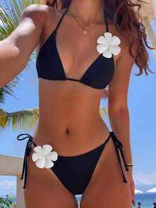 Bonvoyette Springbreak Women's New Summer Textured Fabric Solid Color Scalloped Edge Shoulder Strap Backless Triangle Bikini Set With Side Straps For Beach Vacation - Black and White - View 1