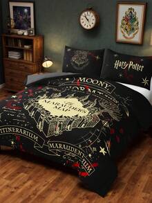 HARRY POTTER X SHEIN 3件組 The Marauder's Map 印花三件式被套組，磨毛布料製，柔軟保暖，黑色被套，多種尺寸可選，適用單人床/雙人床/加大床/特大床 - 深灰色 - 查看 2