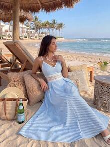 Elenzga Blue And White Stripe Pattern Spaghetti Strap V-Neck Waist Lace Decoration Dress Vacation Summer Tropical - Blue - View 4