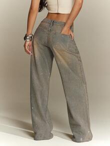 Denimoi Women's Fashion Washed Rhinestone Low Waist Jeans - Light Wash - View 4