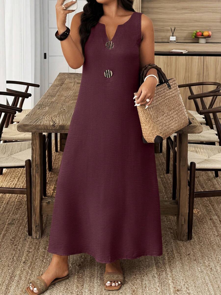 EMERY ROSE Plus Size Notched Neck Solid Color Casual Versatile Sleeveless Dress - Maroon - View 1