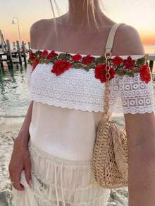 Flora Isola Flora Isola 女款夏季露肩上衣，重工刺繡紅玫瑰蕾絲荷葉邊下擺，寬鬆版型，修身顯瘦，度假與休閒穿搭 - 杏色 - 查看 6