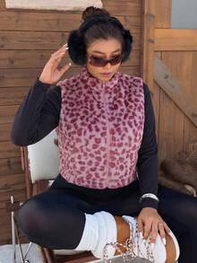 SHEIN EZwear 大尺碼洋紅色豹紋無袖外套 - 玫紅色 - 查看 9