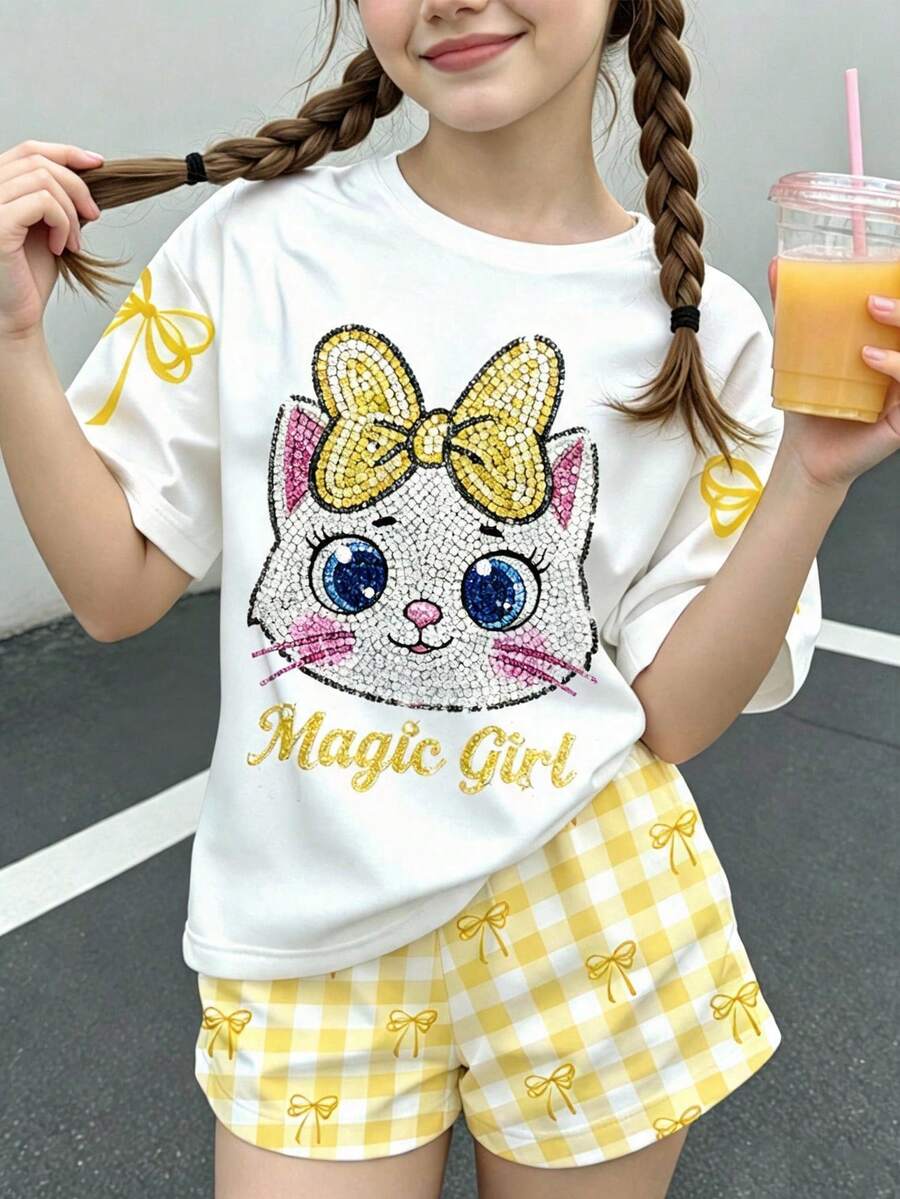 Tween女孩休閒極簡可愛亮面紋理卡通小貓圖案,黃色蝴蝶結,奶油黃與白色格紋,短袖與短褲兩件套,適合夏季,圖案印花,Kawaii,Y2K,軟萌 - 彩色 - 查看 1
