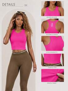 BamGleam Women's Summer Solid Color Round Neck Casual Sports Tank Top Fitted Shirtworkout Tank Top - Hot Pink - View 5