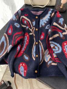 EMERY ROSE Plus-Size Fair Isle Knit Cardigan With Floral & Gemstone Pattern, Button-Front, Round Neck. Casual, - Blue - View 3