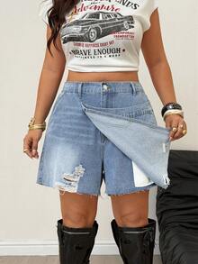 Jeanoix Short en jean bleu Y2K grande taille pour femme, printemps/été, vacances en extérieur, patchwork, multi-poches, boutonnage devant - Jean clair - Voir 4