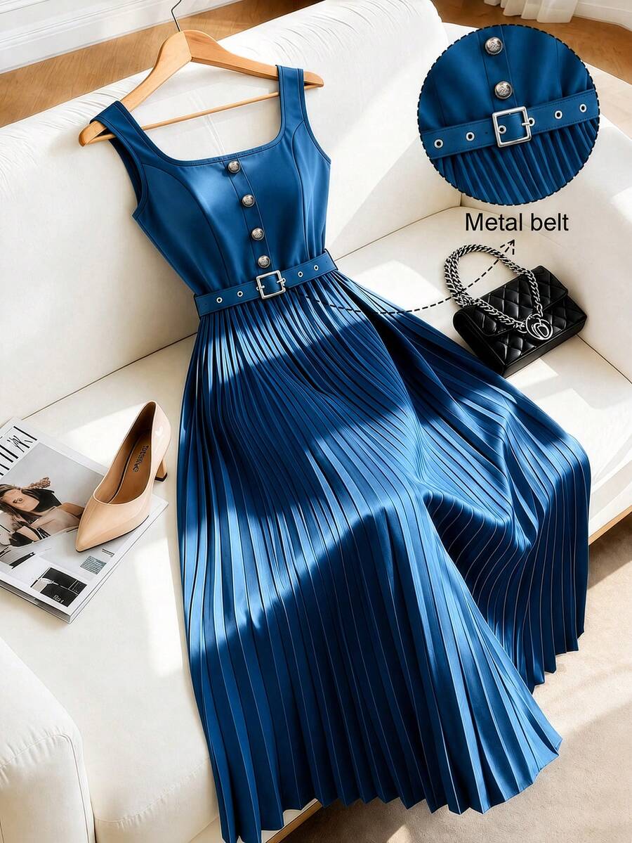 GlowEve CURVE Summer Elegant Teachers' Day French Vintage Elegant Commuter Style Pleated Waist Belt Cinch Cami Dress Formal Brunch Light Blue - Teal Blue - View 1