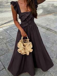 Selianne Women's Casual Ruffle Flutter Sleeve Waist-Cinching A-Line Dress, Spring/Summer Style, Suitable For Daily Wear And Vacation - Brown - View 3