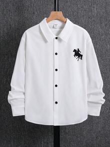 SHEIN 兒童青少年男孩休閒夏季旅行白色長袖小立領波浪紋理襯衫，卡其色仿木紋鈕扣，前胸口袋，簡約裝飾，舒適休閒，適合學校、旅行、居家、度假，寬鬆版型，適合春夏秋 - 白色 - 查看 6