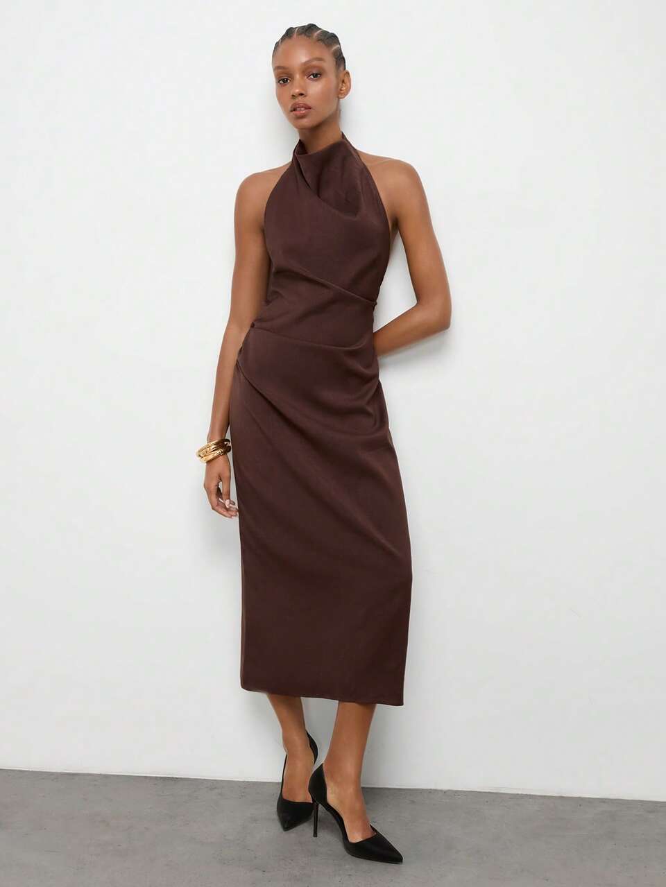 SHEIN Maija Elegantes Damen-Sommerkleid in Unifarbe, rückenfrei, mit Neckholder, mittellang