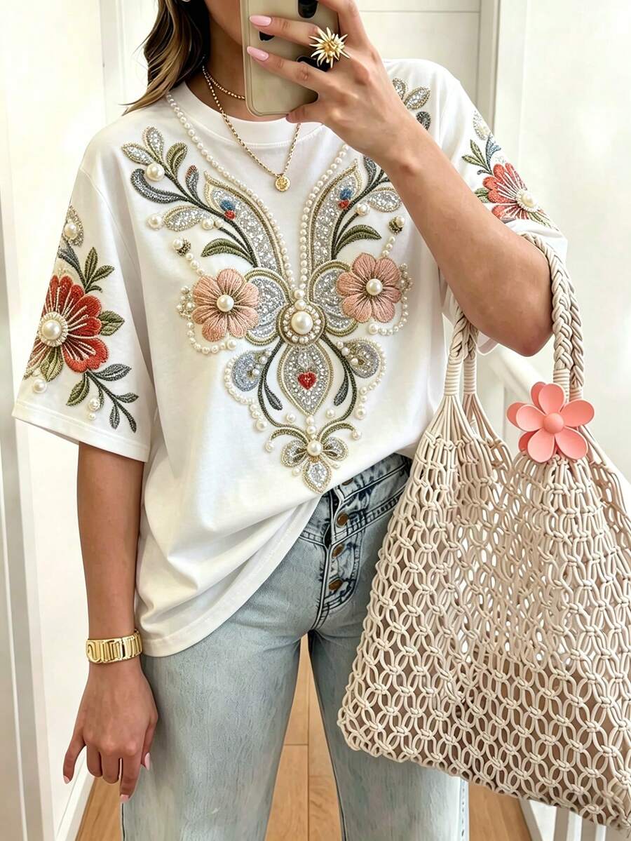 EMERY ROSE Women's Faux Embroidery Floral T-Shirt, Crew Neck Short Sleeve Top With Pearl & Rhinestone Decor, Casual Versatile All-Season Tee - Multicolor - View 1