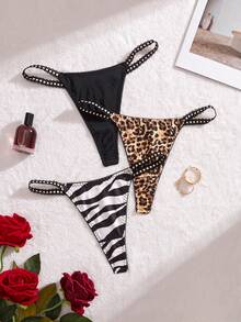 SHEIN 女款動物印花低腰丁字褲 3件組 - 彩色 - 查看 1