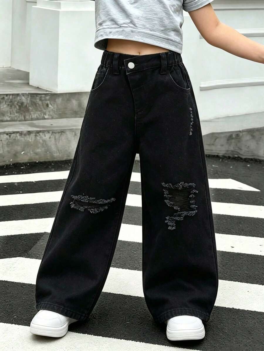 SHEIN ChillGRL 女款 Y2K 休閒日常百搭街頭風獨特不對稱彈性腰破損寬鬆直筒牛仔褲 2025 新款必備四季皆宜適合日常出遊 HOT - 黑色 - 查看 1