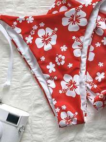 Swim Vcay 女款 26SS 春夏新款雙色印花 V 領露背三角繫帶比基尼套裝 3 件組 甜美海灘度假風 - 紅色 - 查看 6