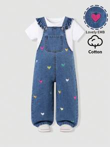 SHEIN ChillGRL Salopette en jean bleu moyen mignonne et décontractée pour filles, toutes saisons, avec broderie de cœurs colorés, bretelles à volants, pantalon long ample à jambes larges, tissu en pur coton confortable, polyvalente pour le port quotidien, l'école et les fêtes - Jean clair - Voir 4