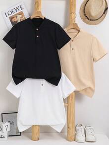 SHEIN Kids 3pcs Tween Boy Solid Color Knit Short Sleeve Top, Casual & Comfortable Suitable For Spring/Summer , Daily Wear, Sports, Outings, School, Parties, Festivals, Photoshoots - Multicolor - View 4