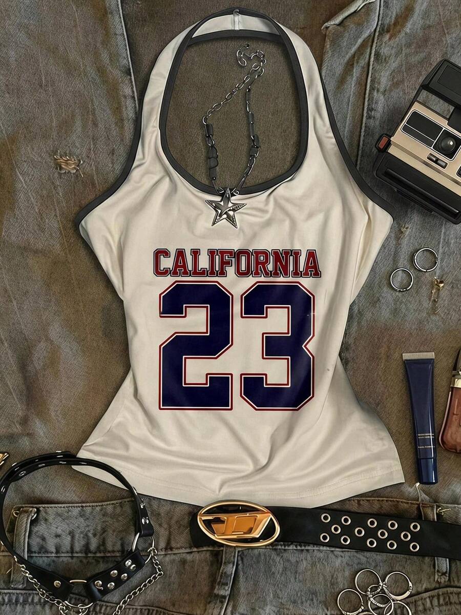 Attitoon Women's Letter & Number Print Halter Neck Casual Versatile Everyday Top - Multicolor - View 1