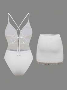 Swim Oasis Women's Solid Color Spaghetti Strap Front Shell Chain Decor Two Pieces Bikini Set - White - View 2