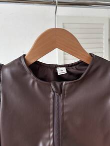 SHEIN Elladie kids 女童秋季時尚珠飾裝飾花瓣袖夾克外套 - 棕色 - 查看 4