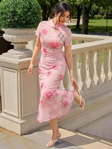 EastFlair Plus Size Summer Elegant Floral Print Dress Wedding Guest Pink - Multicolor - View 6