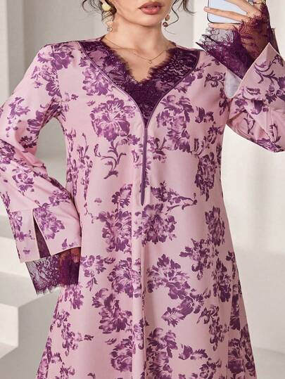 SHEIN Najma Elegant Plus Size Women's Arabian Dress With Lace Neckline And Cuffs, Purple Floral Design, Casual